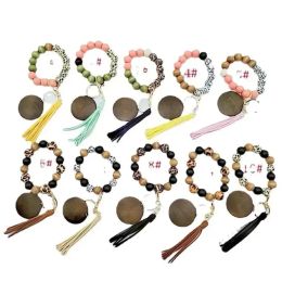 Silicone Wooden Beaded Leopard Wristlet Bracelet PU Leather Tassel Bracelets Bangle Wood Beads Wristband Key Ring Keychains Wrist Bands Christmas Gifts