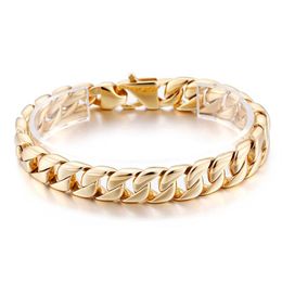 23cm 9 inch 12mm Gold-Plated Chain Bracelet Fashion Stainless Steel Cuban curb Link Chain Bangle Women Mens Jewlery270K
