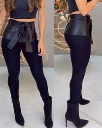 Women's Pants Fashion Sweatpants For Women Sexy PU Leather Patch High Waist Skinny Cargo With Belt Casual Work Trousers Pant