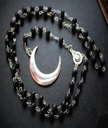 Pendant Necklaces Long Gothic Crescent Moon Pentagram NecklaceSpirit Rosary Necklace Wicca Pagan Black Beads Charm Jewelry6785130