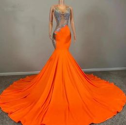 See Through Orange Prom Dresses For African Women Sheer Neck Sequin Black Girls Mermaid Evening Gowns Vestidos De Fiesta