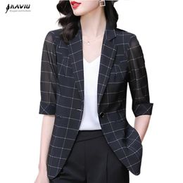 Jackets Black Plaid Thin Blazer Women Half Sleeve 2022 New Summer Casual Fashion Temperament Slim Jacket Office Ladies Work Coat