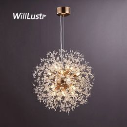 Creative Crystal Dandelion Pendant Lamp Gold Chrome Metal Suspension Light Hotel Cafe Bar Study Hanging Ceiling Chandelier