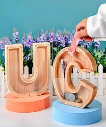 Bandanas Creative English Alphabet Piggy Bank Wooden Transparent Window Meaningful Letters Coin Money Saving Box Home Decor5344054