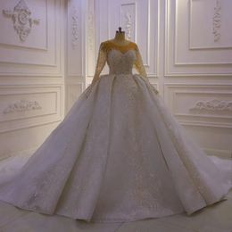 Stunningbride 2024 branco moda luxo uma linha o-pescoço rendas vestidos de casamento mangas completas miçangas lantejoulas até o chão frisado vestidos de noiva