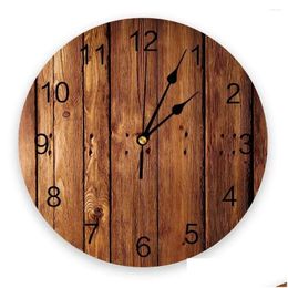 Wall Clocks Brown Planks Retro Wood Grain Clock For Home Decoration Living Room Quartz Needle Hanging Watch Modern Kitchen Drop Deli Dhjou