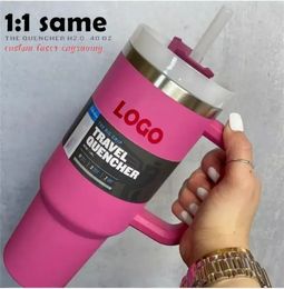 DHL Ship Water Bottles Hot Pink 40oz Stainless Steel Tumblers With Handle Lid and Straw Big Capacity Beer Mugs Powder Camping Cup Vacuum Insulated Drinking 1005