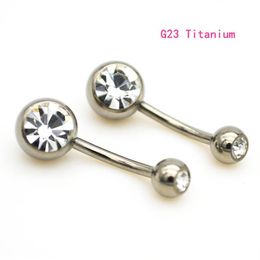 New G23 Titanium Belly Bar Navel Rings Curved 14G Crystal Double Clear Stone Gem Fashion Body Piercing Jewelry267Y