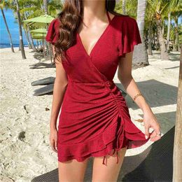 Swim wear Skirt One Piece Swimsuit Women Solid Swimwear Push Up Monokini Short Sleeve Swim Suit Ruffle Trikini Pad Bathing Suit PleatedL23118