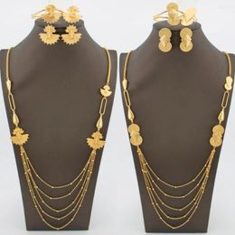 Necklace Earrings Set Dubai Gold Plated Jewellery For Women Charm Pendant Long Chain And Bangle Ring Engagement Party Gift