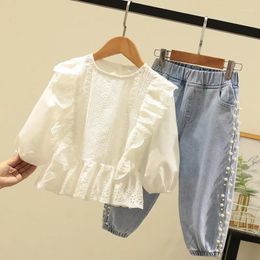 Clothing Sets 2023 Fall Girls Casual Set Little Girl Fashion Lace Top Pearl Jeans Two Piece Kids Party Long Sleeve Cotton Clothes