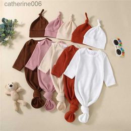 Sleeping Bags Blotona 2Pcs Newborn Baby Waffle Outfits Infant Solid Colour Long Sleeve Round Neck Sleeping bag + Knotted CapL231225