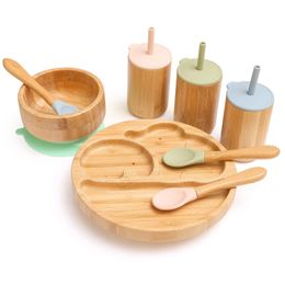 4pcs Children's Tableware Suction Plate Bowl Baby Dishes Feeding Spoon Fork Sets Bamboo for Kids 231225