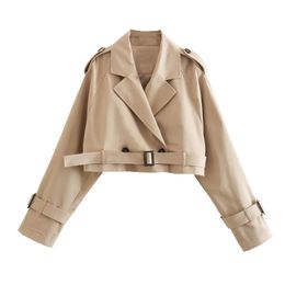 Khaki Cropped Trench Women Long Sleeves Cropped Design Jacket Chic Lady High Street Casual Loose Coats Top Female 231222