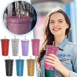750ml Sparkling Diamond Straw Cup Reusable Water Diamond Gift Layer Sparkling Women's Stainless Steel Fashion Double J1Q8 231225