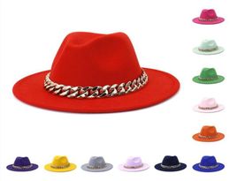 Fedora Hat with Chain Wide Brim Hats for Women Men Jazz Panama Cap Woman Man Fashion caps mens Trilby Chapeau Spring Autumn Winter6249542