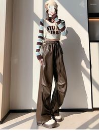 Women's Pants Y2k Two Wear Pu Leather Pant Women Fall Winter High-waist Loose Wide Leg Trouser Girls American Retro Drawstring Streetwear