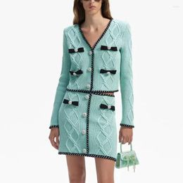 Women's Jackets Early Spring Women Mint Green Bow Rhinestone Buttons Knitted Cardigan /Mini Skirt