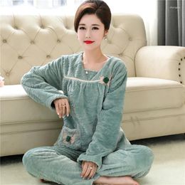 Women's Sleepwear Coral Fleece Women Pajamas Set Autumn Winter Home Clothing Warm Loungewear Suit