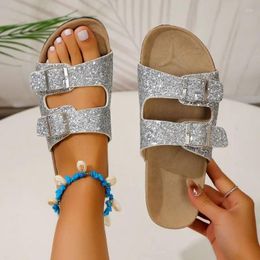 Slippers 2024 Summer Trend Sequins Parent-child Women's Double Buckle Flip Flops Cork Sandals Plus Size 43