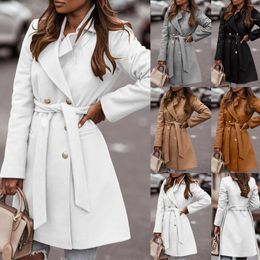 Women's Jackets Faux Wool Coat Thin Trench Jacket Suit Collar Double Breasted Long Sleeve Belt Button Woollen