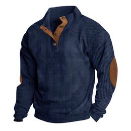 Mens Pullover Outdoor Casual Buttoned Stand Collar Long Sleeve Pit Strip Corduroy Sweatshirt Autumn Winter Fashion 231222