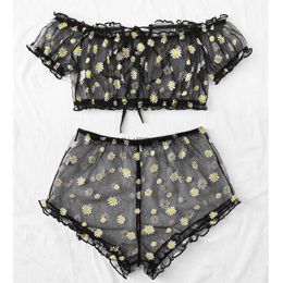 Bikinis Set Sweet Sexy Floral Off Shoulder 2Pcs Bikini Set See Through Lingerie Women Sleepwear Transparent Tops+Shorts Panties BabydollL231225