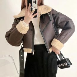 TRAF Winter Women Streetwear Faux Lamb Leather Fur Short Jacket with Belt Moto Biker Thick Warm Sheepskin Coat Outwear 231225