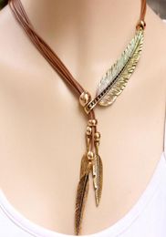 S977 Fashion Jewelry Multilayer Rope Feather Necklace Leaves Tassels Sweater Necklace1738071