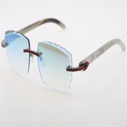 whole Rimless Red Big Stones Sunglasses Optical 3524012-A White Genuine Buffalo Horn glasses High Quality Carved lense Eyewear304U