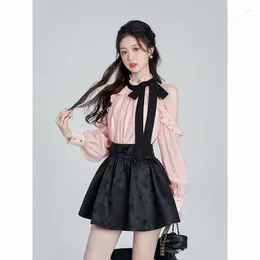 Work Dresses Women's Set Pink Wood Ear Edge Off Shoulder Hanging Neck Long Sleeve Shirt High Waist Bow Half Skirt Sweet Temperament Two