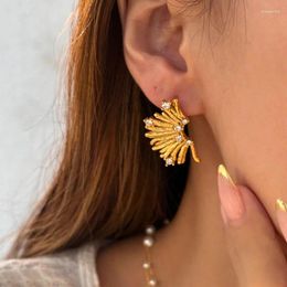 Stud Earrings Cz Stone Pave Sunflower Petal Stainless Steel For Women Statement Chunky Jewelry In