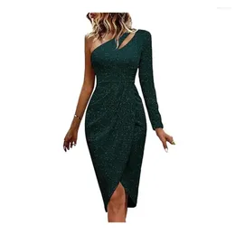 Casual Dresses Sexy One-Shoulder Long Sleeve Party Dress Banquet Sparkling Diagonal Collar Hip Wrapped Pleated Bodycon Vestido