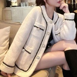 Women's Knits Small Fragrance Imitation Mink Velvet Padded Short Women Spring Autumn 2023 Cardigan Woollen Coat Outerwear Sweater Jacket