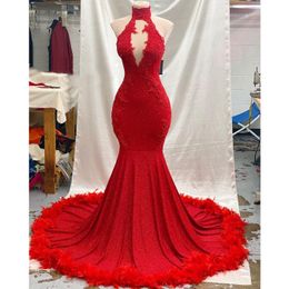 Red Long Mermaid Prom Dress Sequined High Neck Vestido Noival Elegant Appliques Feathers Formal Party Evening Dresses