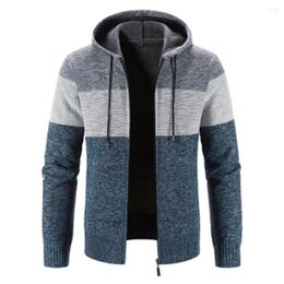 Men's Sweaters Warm Zip Up Hooded Fleece Jacket Sweater Casual Slightly Stretch Colour Block Cardigan For Fall Winter