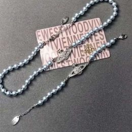 Designer Viviene Westwood Viviennewestwood Empress Dowager Vivians New Blue Saturn Necklace Bracelet Womens Classic Planet Pearl Collar Chain High Edi167