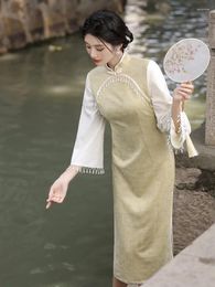 Ethnic Clothing Traditional Mandarin Collar Beaded Tassel Seven Points Sleeve Suede Qipao Women Cheongsam Retro Chinese Dress Hanfu Vestido