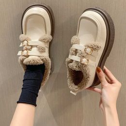 Lady Dress Shoes Plush shoes for women wearing British style small leather outdoor wear. autumn/winter plush warm cotton with thick soles loafers and JK single