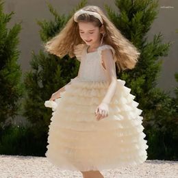 Girl Dresses Retail Baby Girls Boutique Beading Mesh Cake Flower Dress Princess Kids Elegant Party Performance Clothing 3-8T