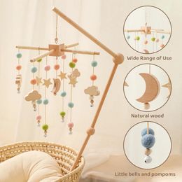 0 -12 Months Baby Rattle Crib Mobile Toys Star Moon Wooden Bed Bell Musical Box Hairball Nordic Hanging Decor Accessories Gifts 231225