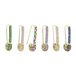 Whole Rainbow Colourful Wedding Earring Paved White Pink Green Blue Cz Unique Paperclip Safety Pin Stud Earings Women Fashion J260s