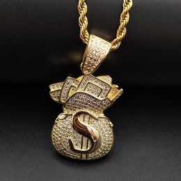 Gold Plated Iced Out CZ Cubic Zirconia Mens USD Money Bag Pendant Chain Necklace personalized Full Diamond Hip Hop Jewelry Gifts f274G