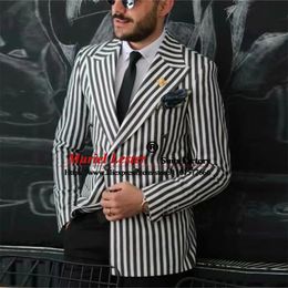 Jackets White/black Stripe Suit Jackets Double Breasted Coat Men Tailored Made Slim Fit Wedding Tuxedos Costume Homme Mariage Blazer