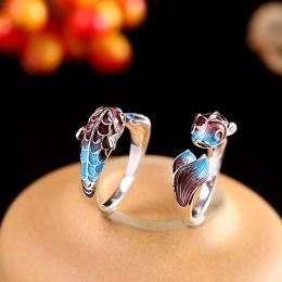 Enamel Color Koi Fish Adjustable 14K White Gold Ring Chinese Classical Niche Design Elegant Charm Ladies Brand Jewelry Party Gift