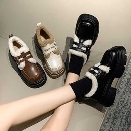 Lady Dress Shoes Plush thick soled JK British small leather shoes for women in autumn and winter plush Mary Jane
