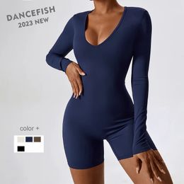 DANCEFISH 2023 Women Long Sleeve Active Clothes Dance Fitness Sportwear Sexy Tight Leotards Aerial Yoga Jumpsuits 231225