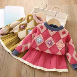 2PCS Set Baby Winter Clothes Girls Cardigan Jacket Skirt Kids Pullover Knit wear Suits Children Warm Sweater Toddler Outfits 231225