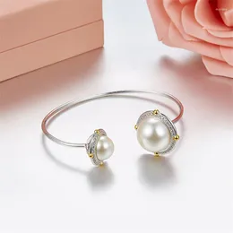 Bangle Brand Fashion 925 Sterling Silver Star Trails Double Pearl Cuff Bangles Adjustable Opening Freshwater Bracelet Women