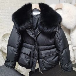 Maomaokong loose Real Fox Fur Collar White Duck Down Jacket Women Winter Luxury Puffer Coat Oversize Feather Outwear 231221